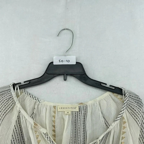 Lovestitch Blouse Women's Sz M Cream Striped Metallic Gold Puff Sleeves Tassel - Picture 12 of 12